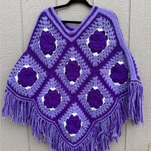 Purple Crochet Poncho with Fringe